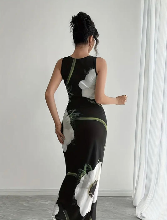 Long Bodycon Floral Dress - Black - size L