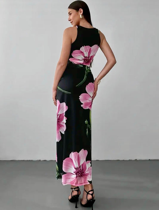 Long Bodycon Semi-Sheer Floral Dress - Black - Free Fit (S & M)