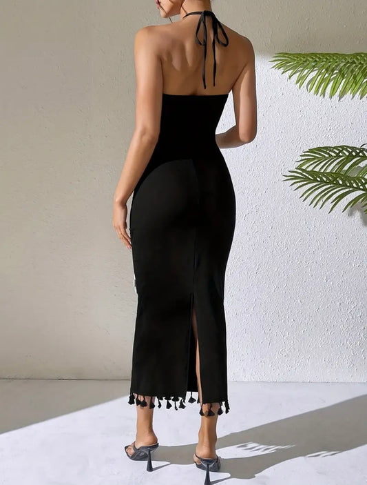 Long Dress with Flower and Fringe Details - Black - L & XL