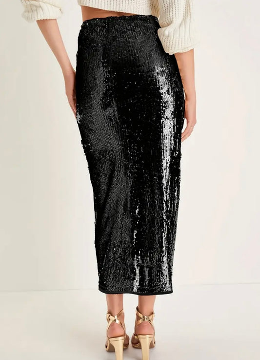 Midi Sequin Pencil Skirt - Black - M to XL