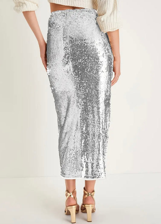 Midi Sequin Pencil Skirt - Silver - M to XL