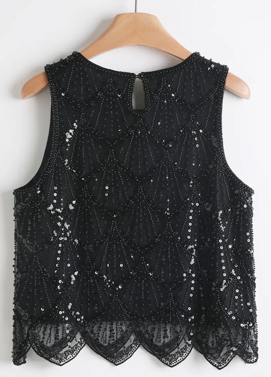 Beaded & Sequin Sleeveless Top - Black