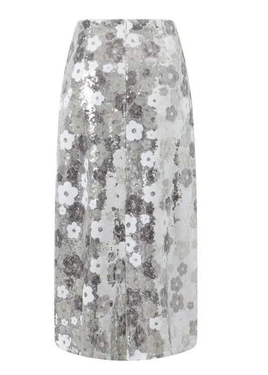 Midi A-Line Floral Sequin Skirt - Silver- size M & L