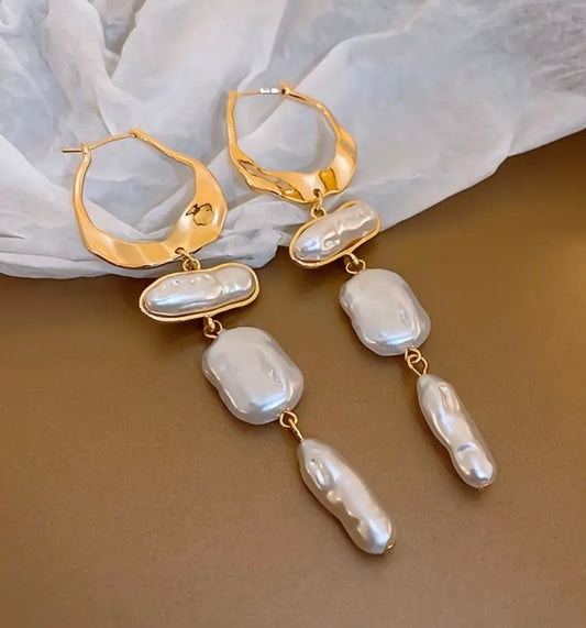 Extra Long Irregular Pearl Tassel Earrings - Gold