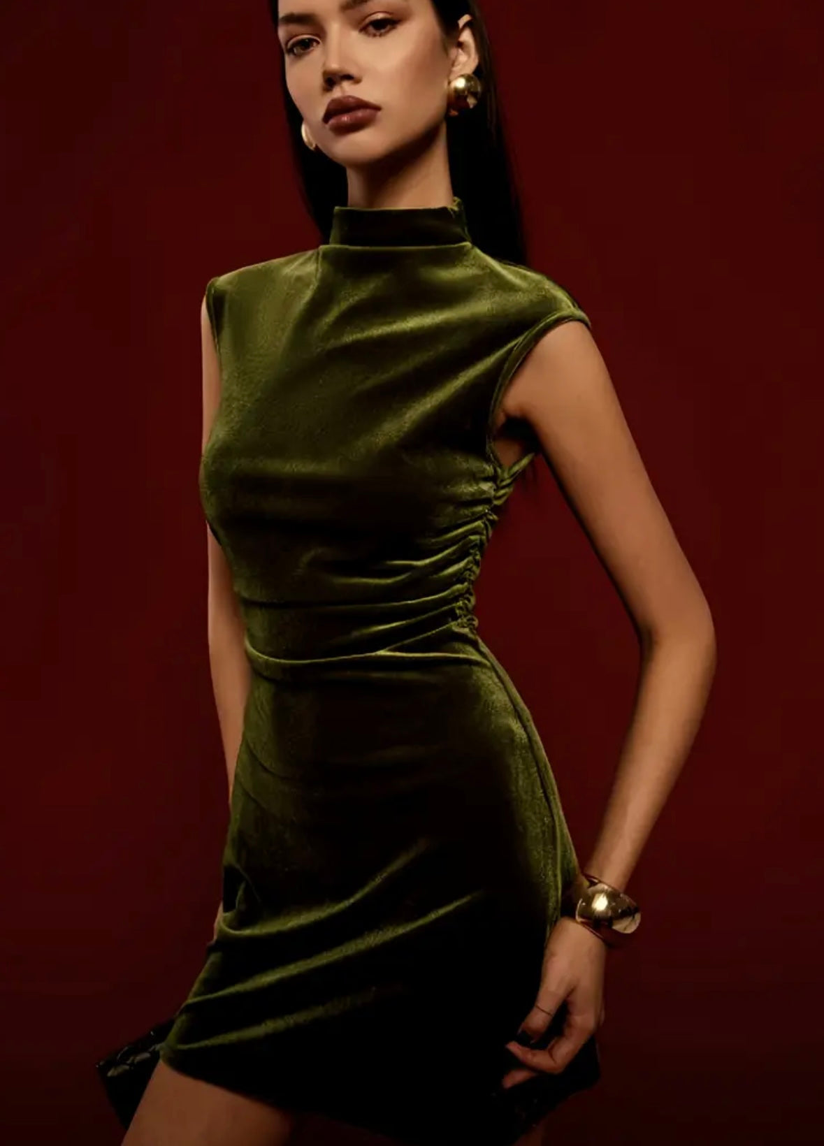 Mini Velvet Halter Neck Dress - Olive - M to XL