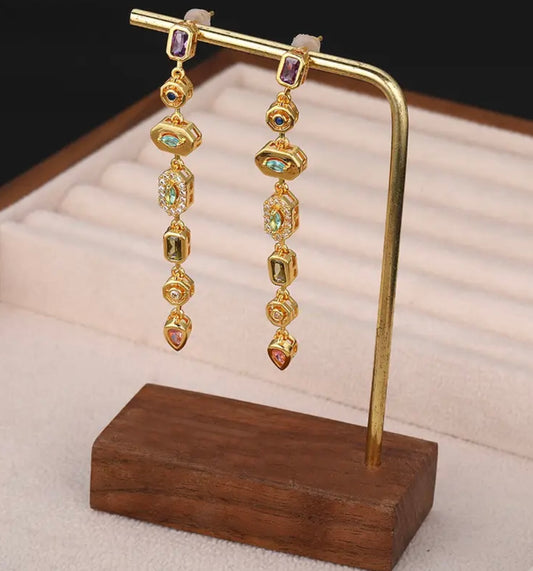 Cascading Multicolor Dangle Earrings - Gold