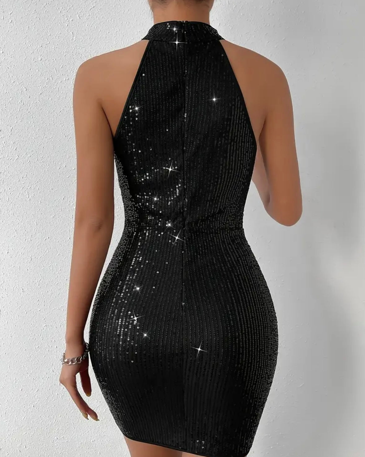 Mini Halter Neck Sequin Dress - Black - S to XL
