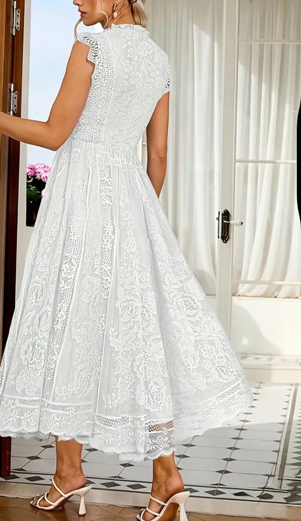 Midi Flared Lace Dress Dress - White - L & XL