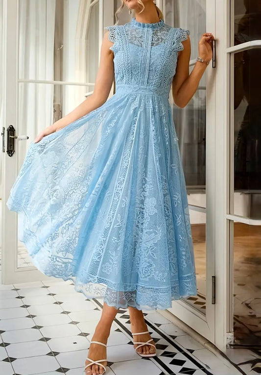 Midi Flared Lace Dress Dress - Blue - L & XL