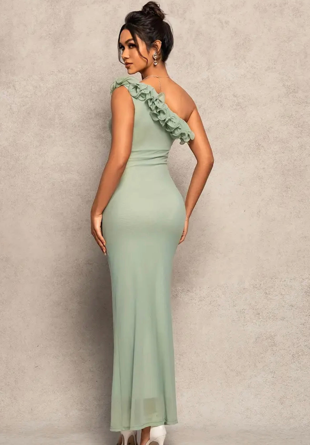 Elegant One-Shoulder Ruffles Dress - Pistachio - size M & L