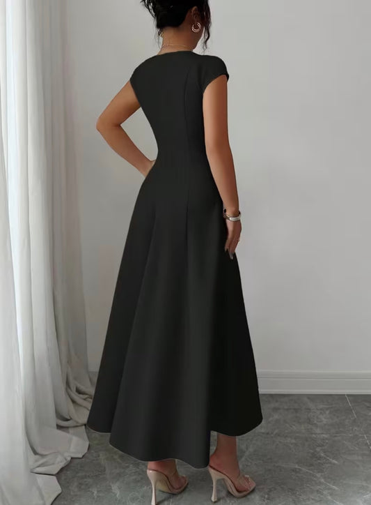 Short Sleeve Midi Flared Dress - Black