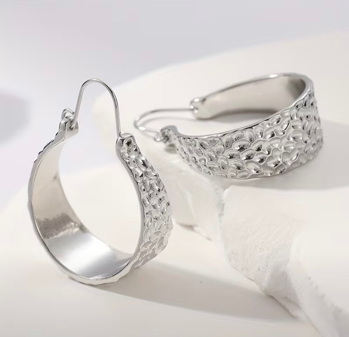 Hammered Hoop Earrings - Silver