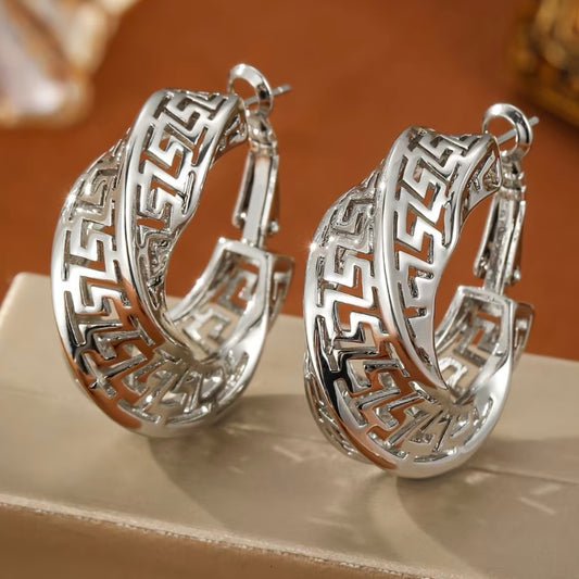 Twisted Engraved Hoop Earrings - Silver