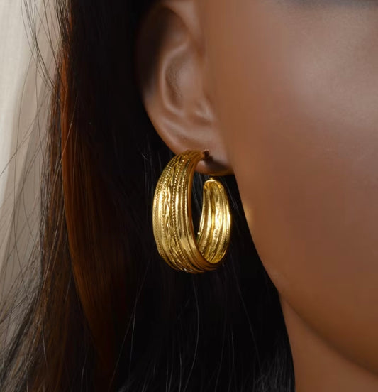 Embossed Round Shape Earrings - Gold