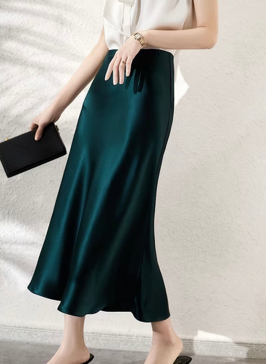 Midi Flared Satin Skirt - Peacock Green