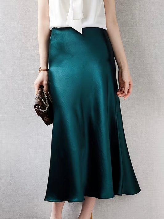 Midi Flared Satin Skirt - Peacock Green