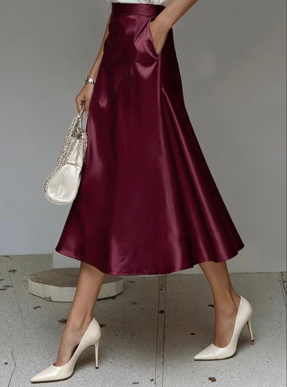 Midi Flared Satin Skirt with pockets - 5 colors
