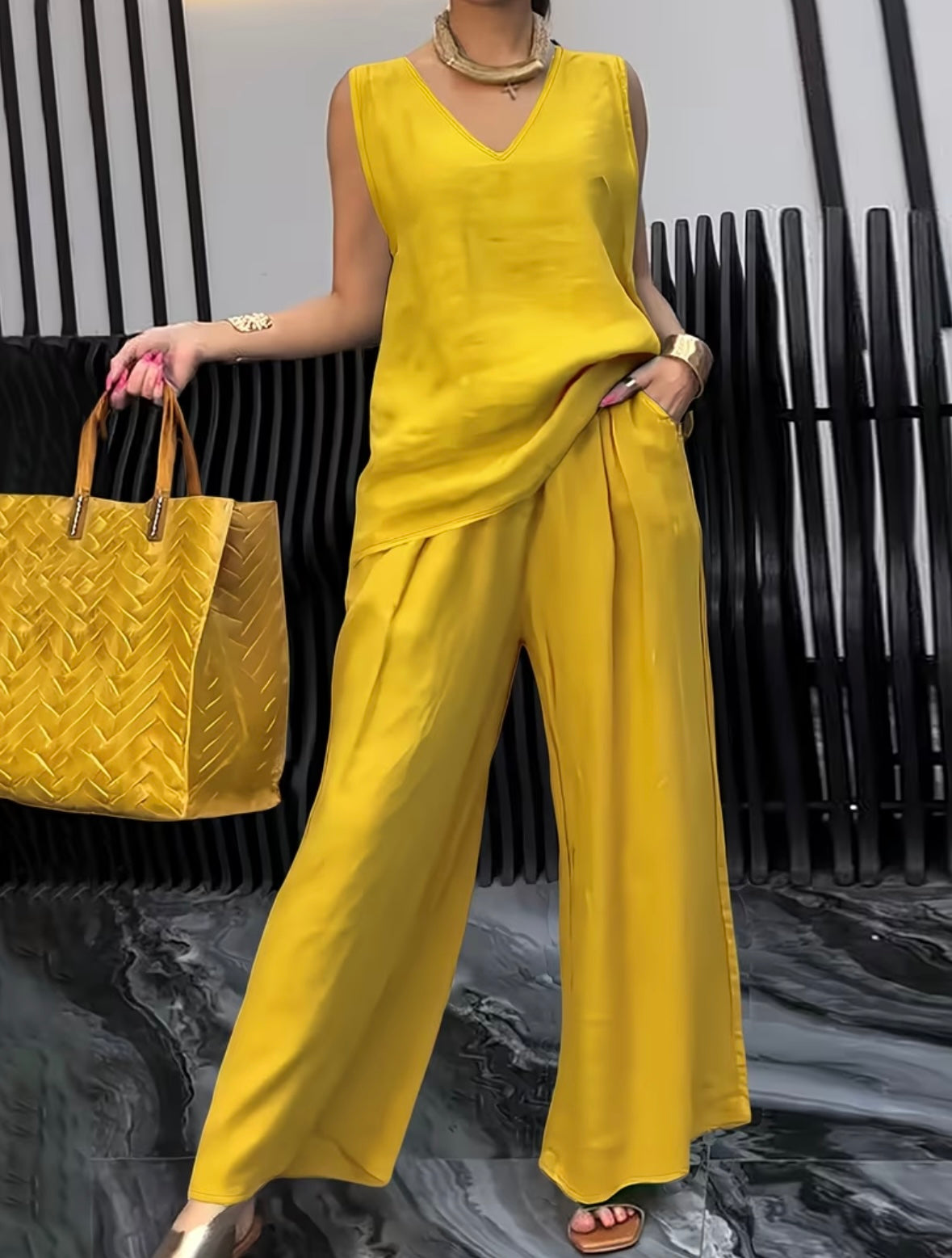 Sleeveless Loose wear Cord Set - 4 colors