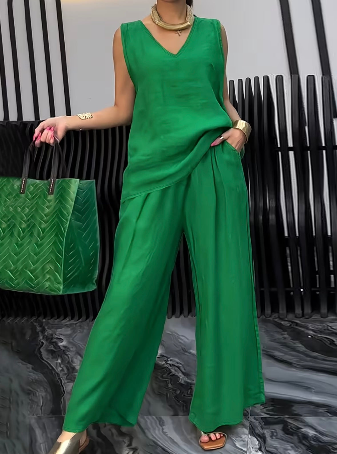 Sleeveless Loose wear Cord Set - 4 colors