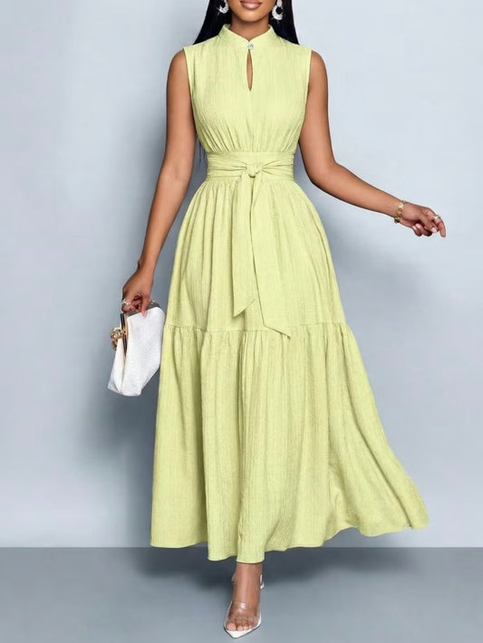 Sleevless Long Flared Dress - Pastel Yellow
