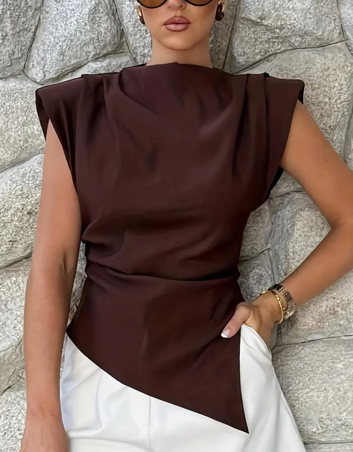 Asymmetrical Padded Top - Coffee - Medium