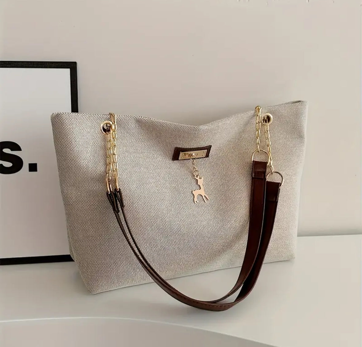 Contrast Straps Tote Bag - Coffee