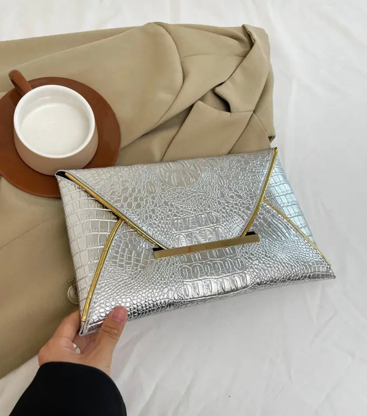 Crocodile Embossed Envelope Purse - Silver