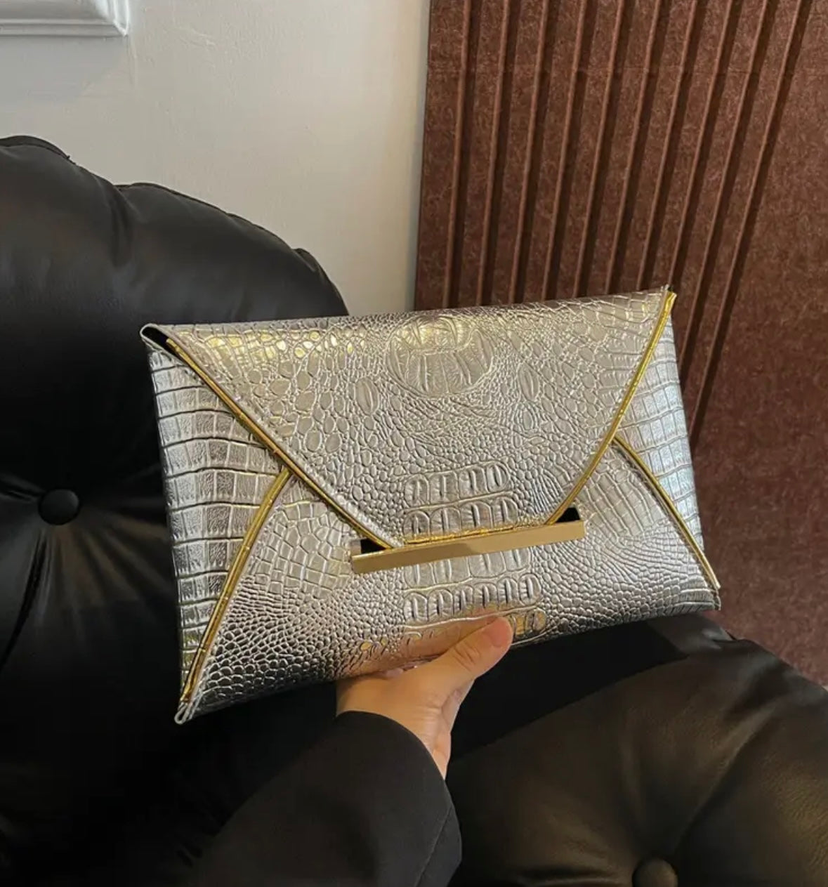 Crocodile Embossed Envelope Purse - Silver