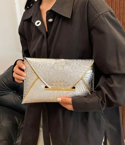 Crocodile Embossed Envelope Purse - Silver