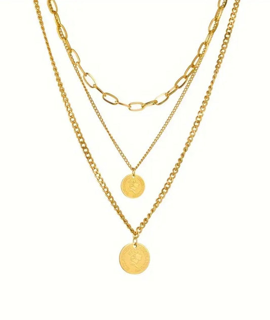 Retro Coin Triple Layer Necklace - Golden