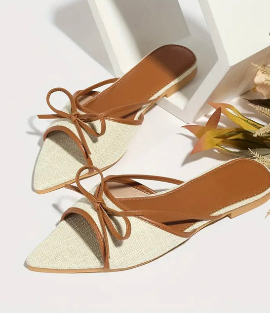 Pointed Toe Bow Flat Sandals - Beige