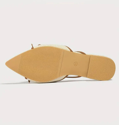 Pointed Toe Bow Flat Sandals - Beige