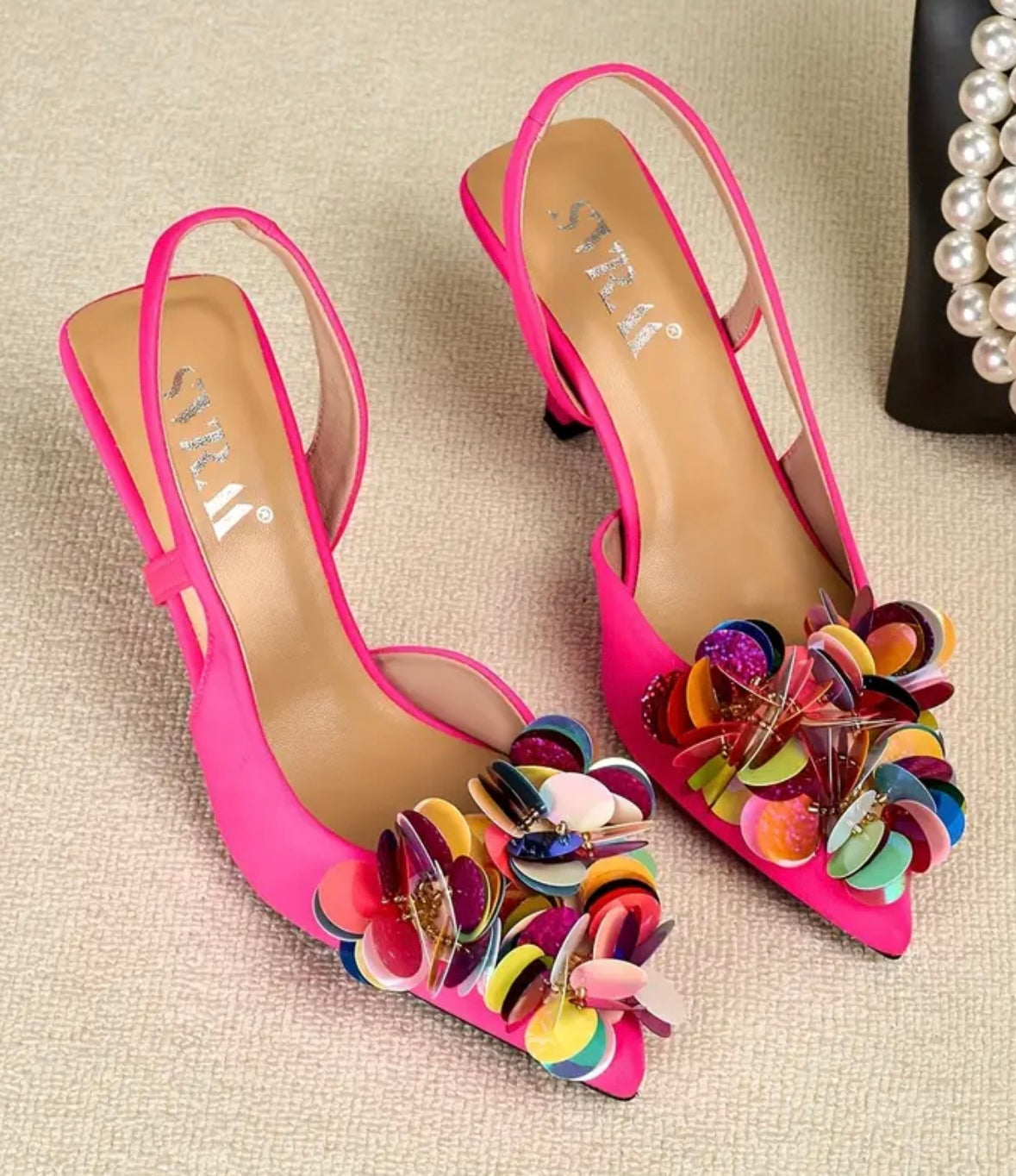 Floral Sequin Pointed Toe Stiletto - Fuschia - 39 Only