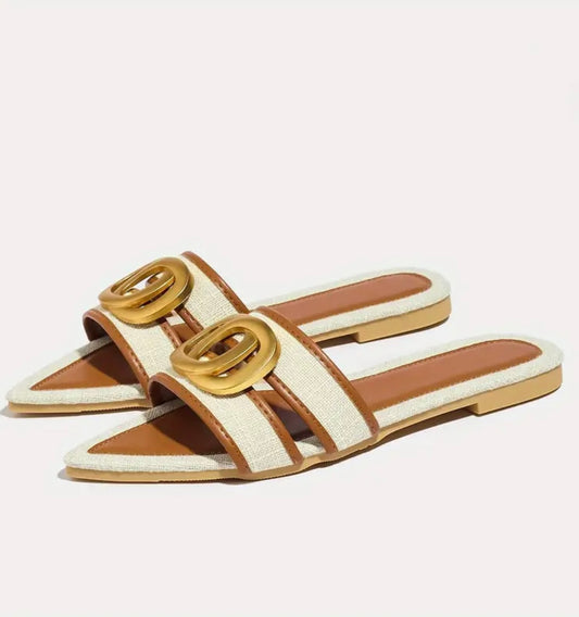 Pointed Toe Flat Sandals - Beige