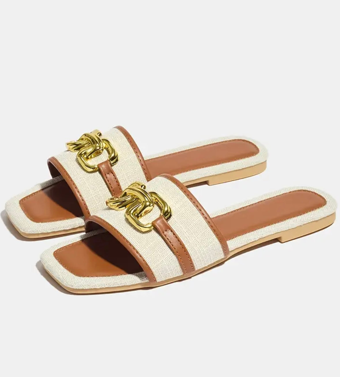 Square Toe Flat Sandals - Beige