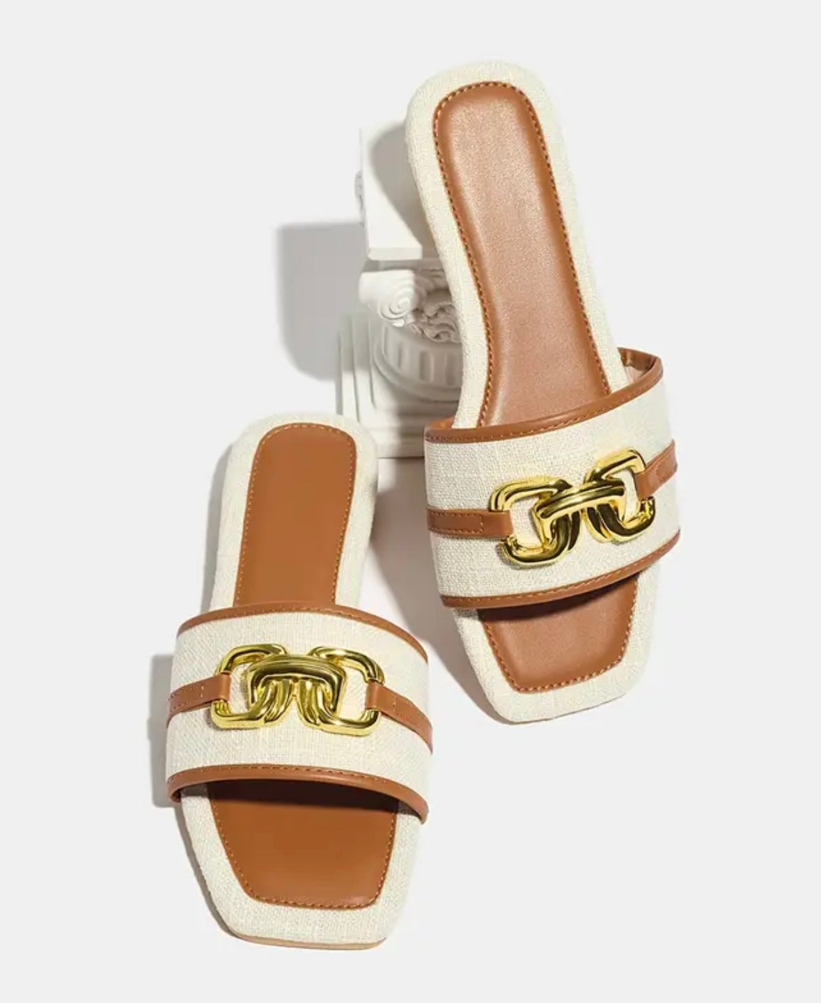 Square Toe Flat Sandals - Beige