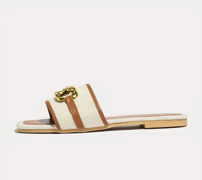 Square Toe Flat Sandals - Beige