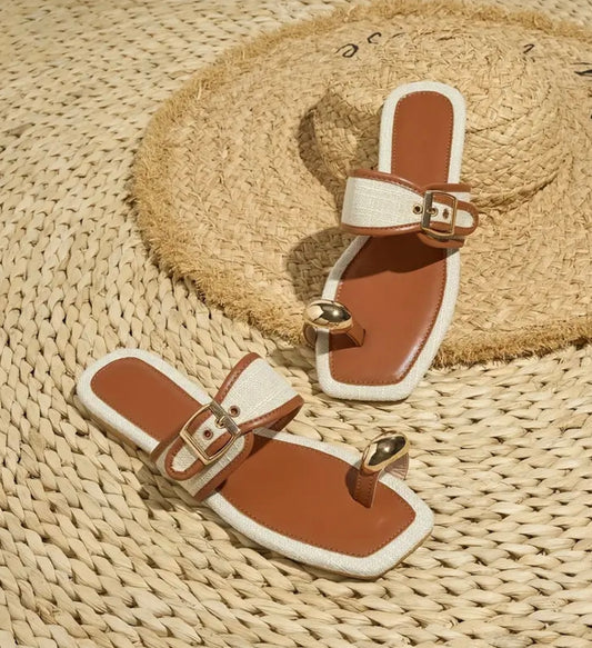 Flat Toe Ring Sandals - Beige