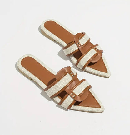 Casual Pointed Toe Flat Sandals - Beige
