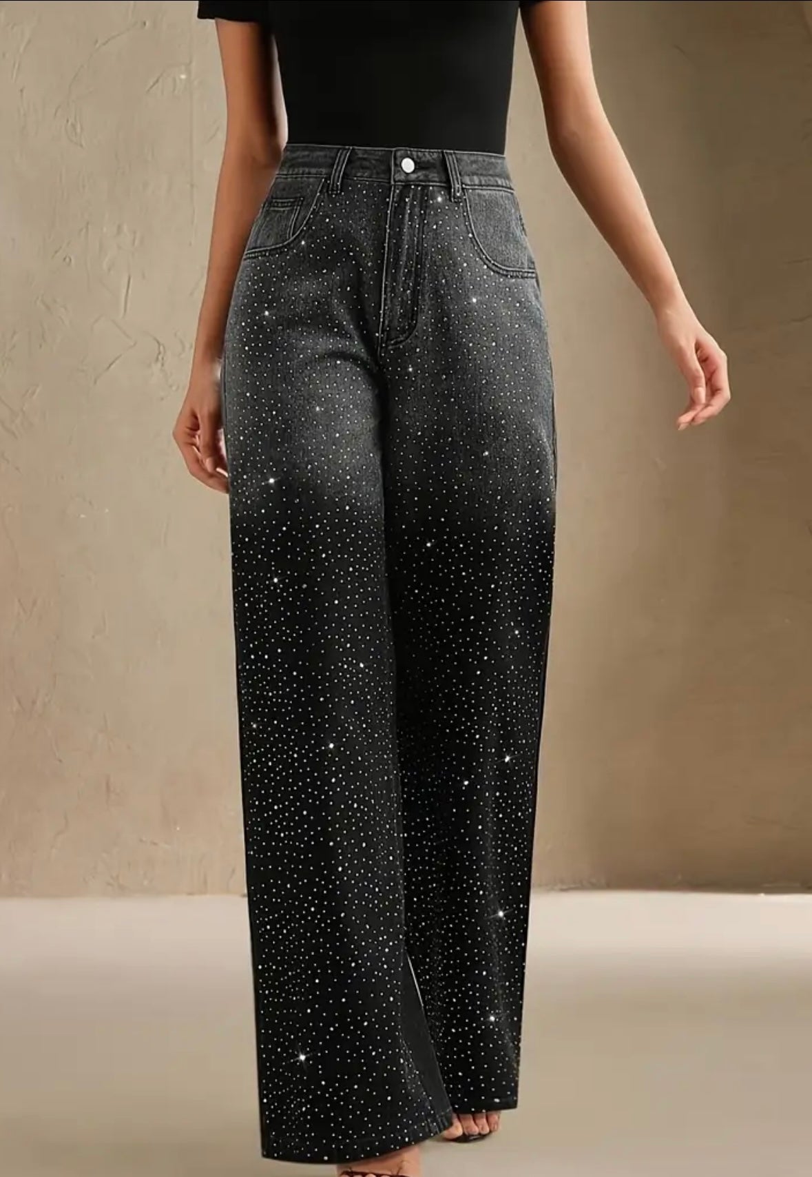 Rhinestone Wide-Legs Jeans - Gradient Black