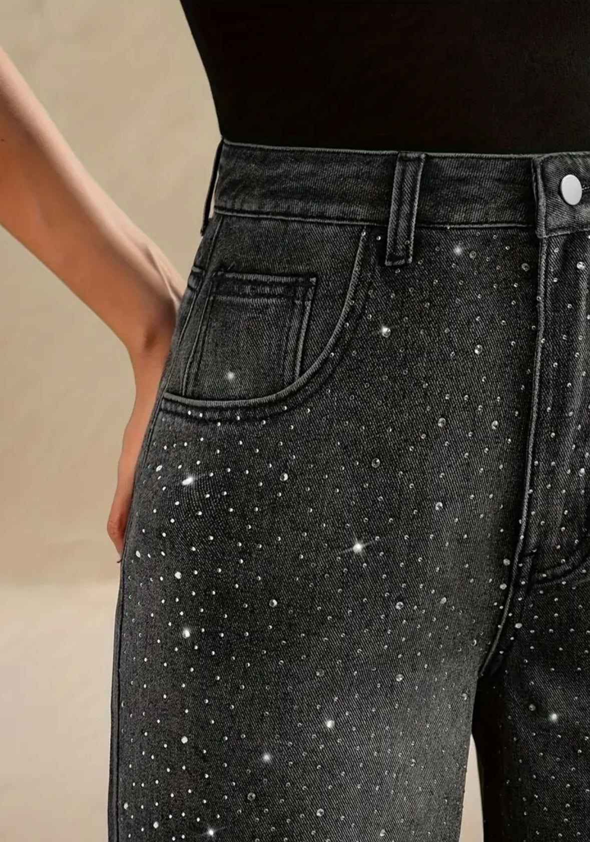 Rhinestone Wide-Legs Jeans - Gradient Black