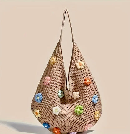 3D Floral Crochet Tote Bag - Taupe