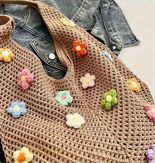 3D Floral Crochet Tote Bag - Taupe