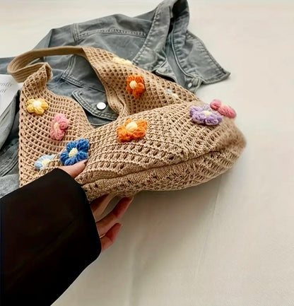 3D Floral Crochet Tote Bag - Taupe