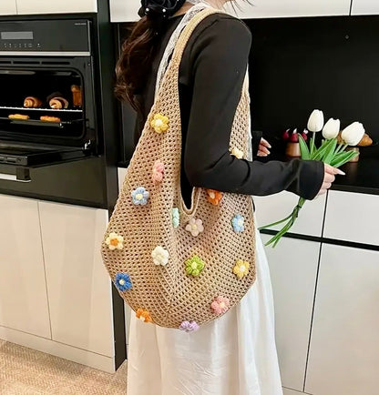 3D Floral Crochet Tote Bag - Taupe