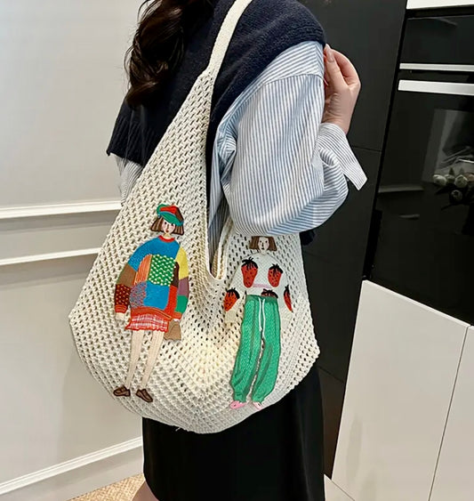 Patchwork Crochet Tote Bag - Off white