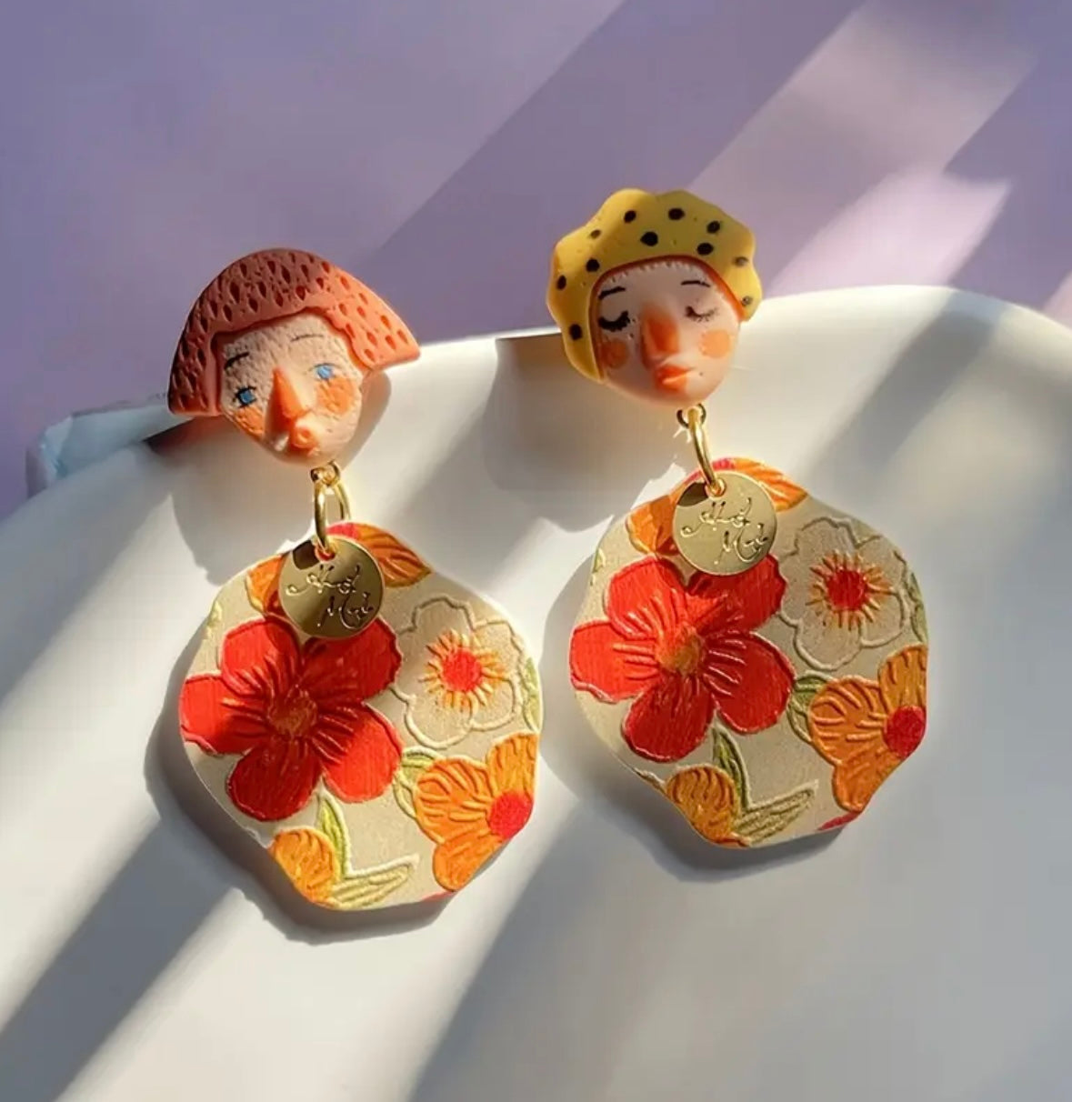 Floral Boho Chic Asymmetrical Earrings - Orange