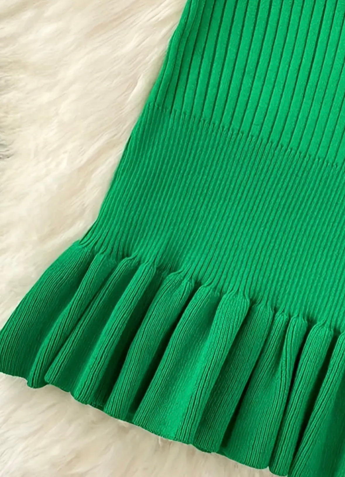 Midi Ribbed Dress with Ruffle - Green - size S