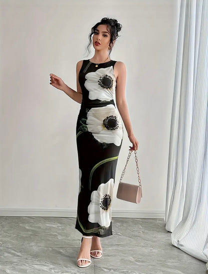 Long Bodycon Floral Dress - Black - size L