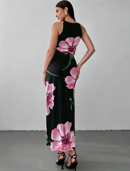 Long Bodycon Semi-Sheer Floral Dress - Black - Free Fit (S & M)
